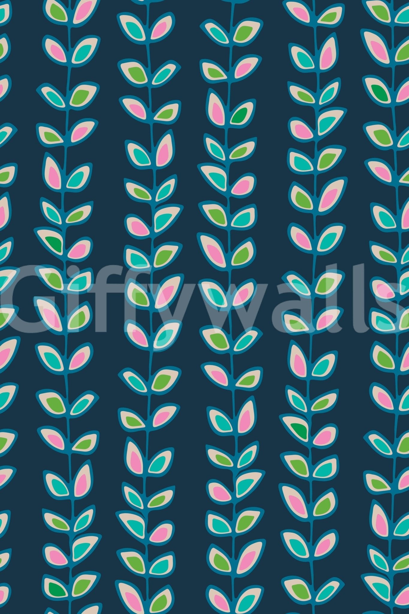 Retro Leaves navy blue wallpaper featuring whimsical climbing stems.