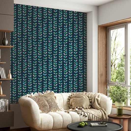 Modern wall mural featuring the Climbing Vines pattern in rich navy blue.