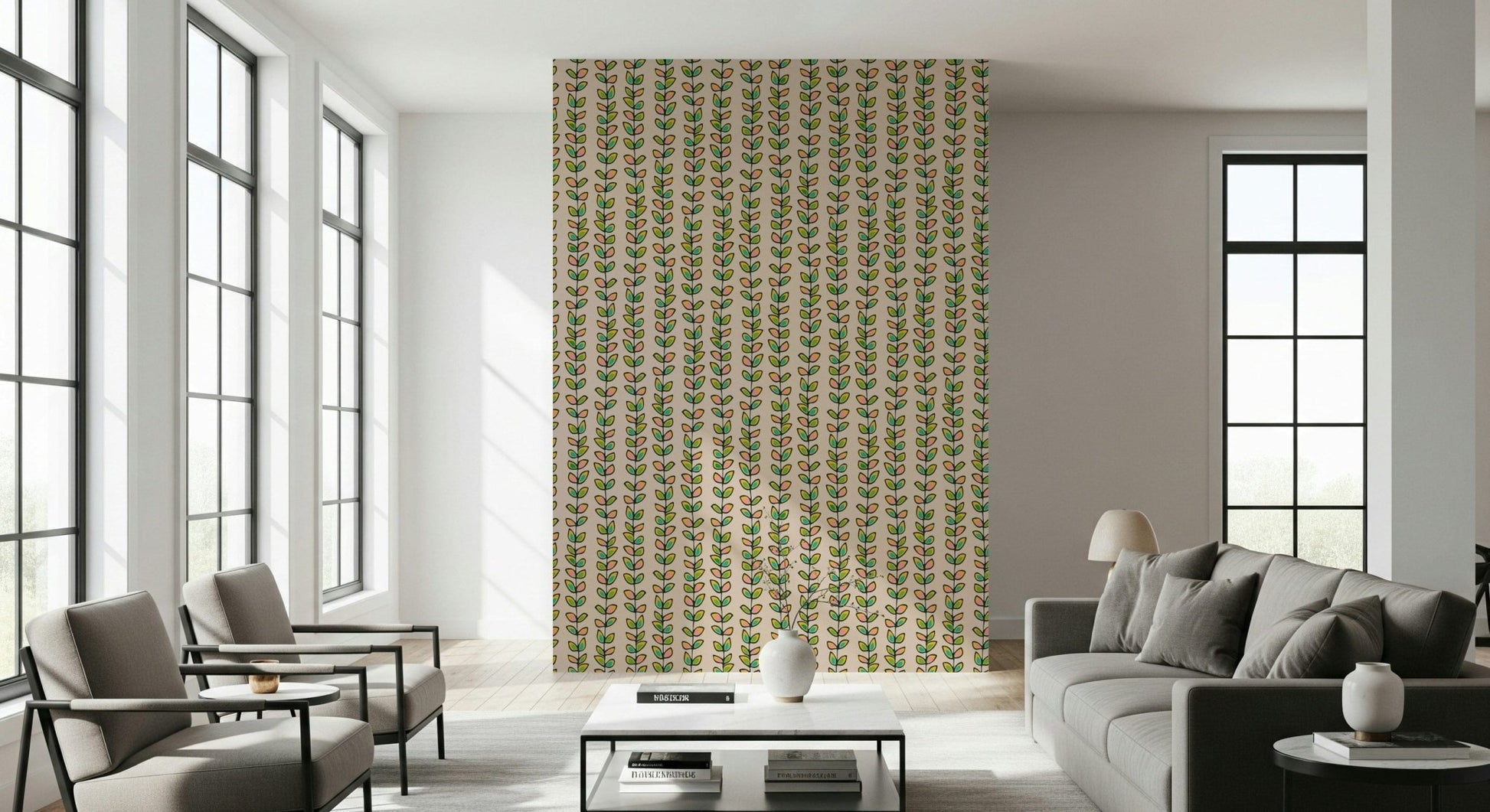 Vertical rows of playful leaves on a pale background; Retro Leaves Off-White wall art.