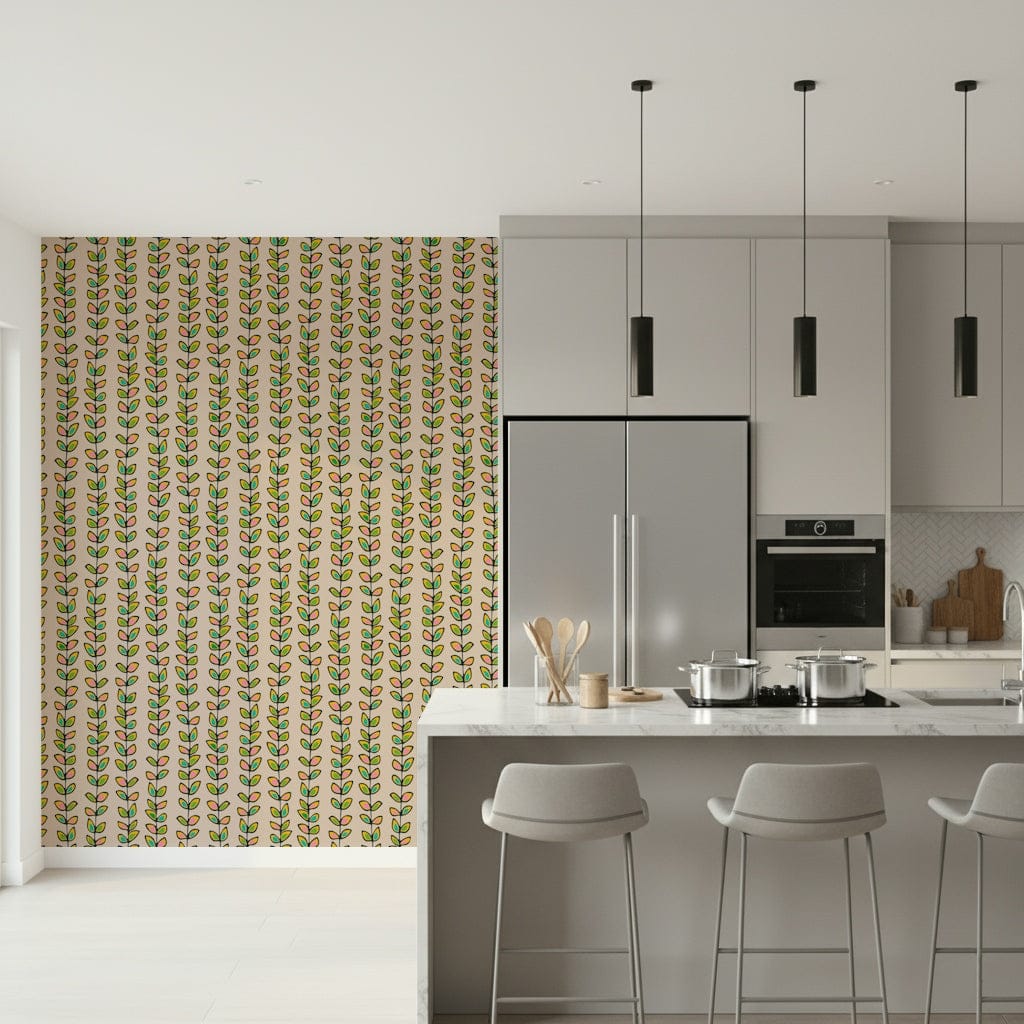 Climbing Vines Stripe Retro Leaves Off-White wallpaper; charming, peaceful botanical pattern., GD6682