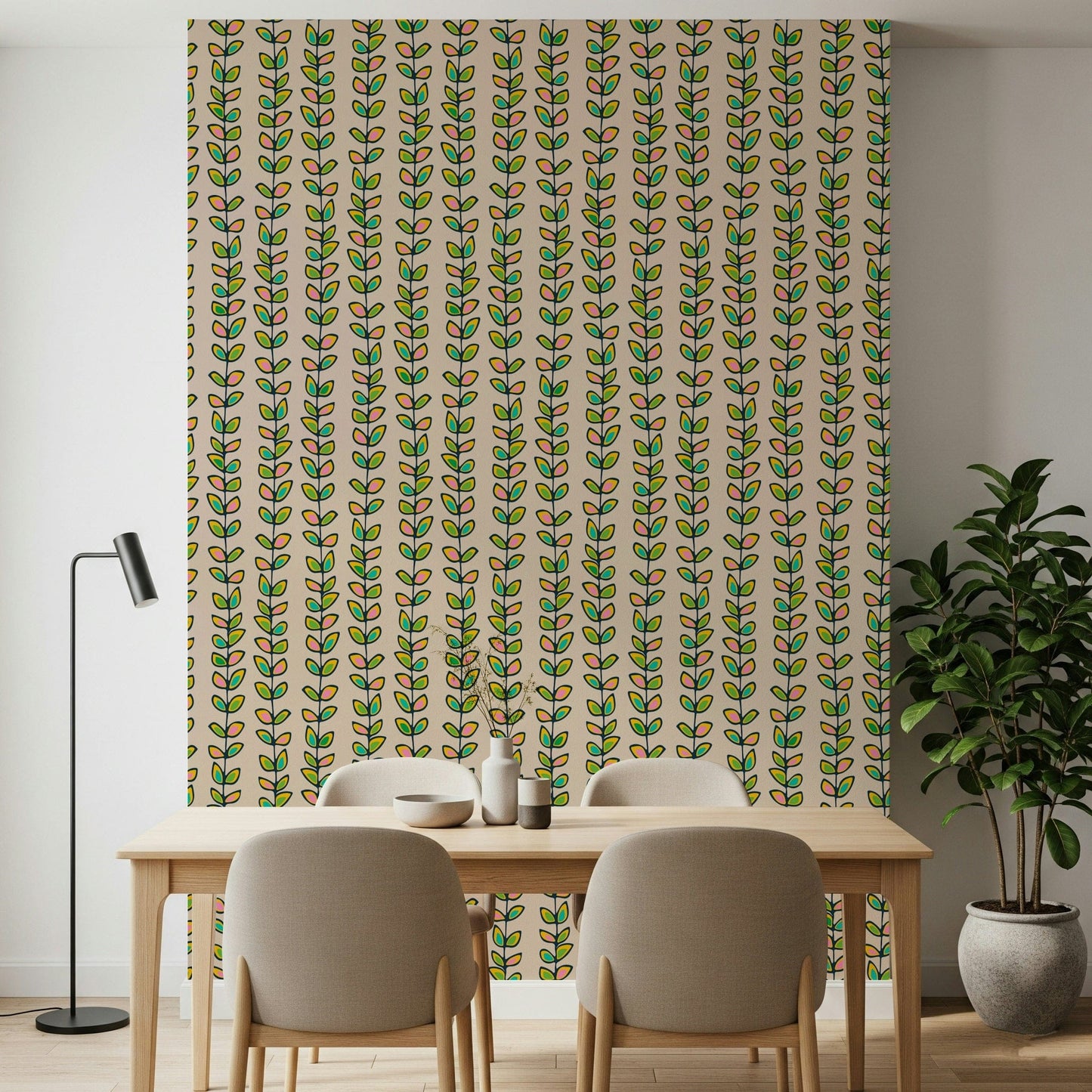 Wall mural featuring the Climbing Vines Stripe Retro Leaves design; subtle, serene beige background.