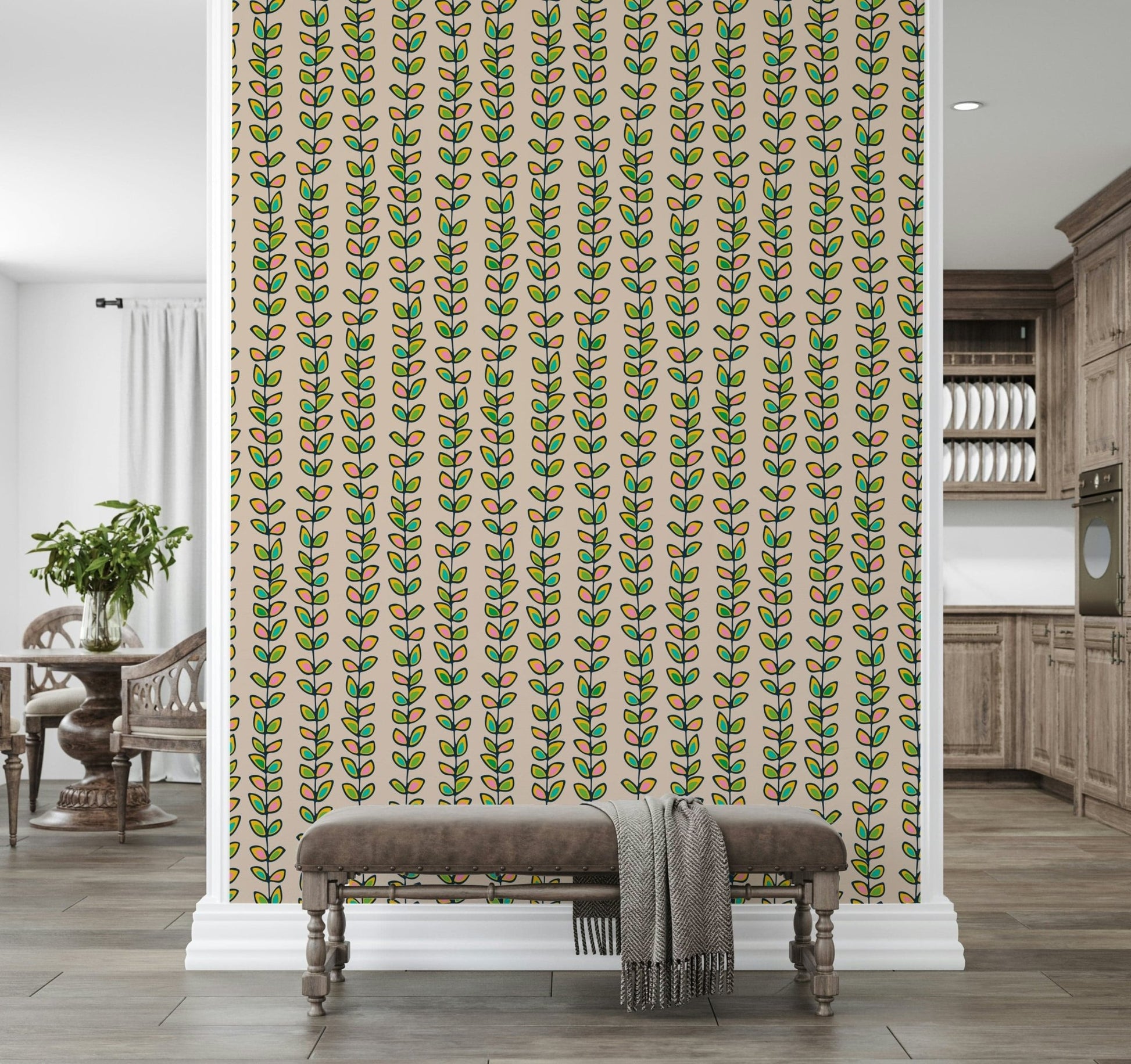 Modern aesthetic Retro Leaves wallpaper for walls; pleasant, cheerful color accents.