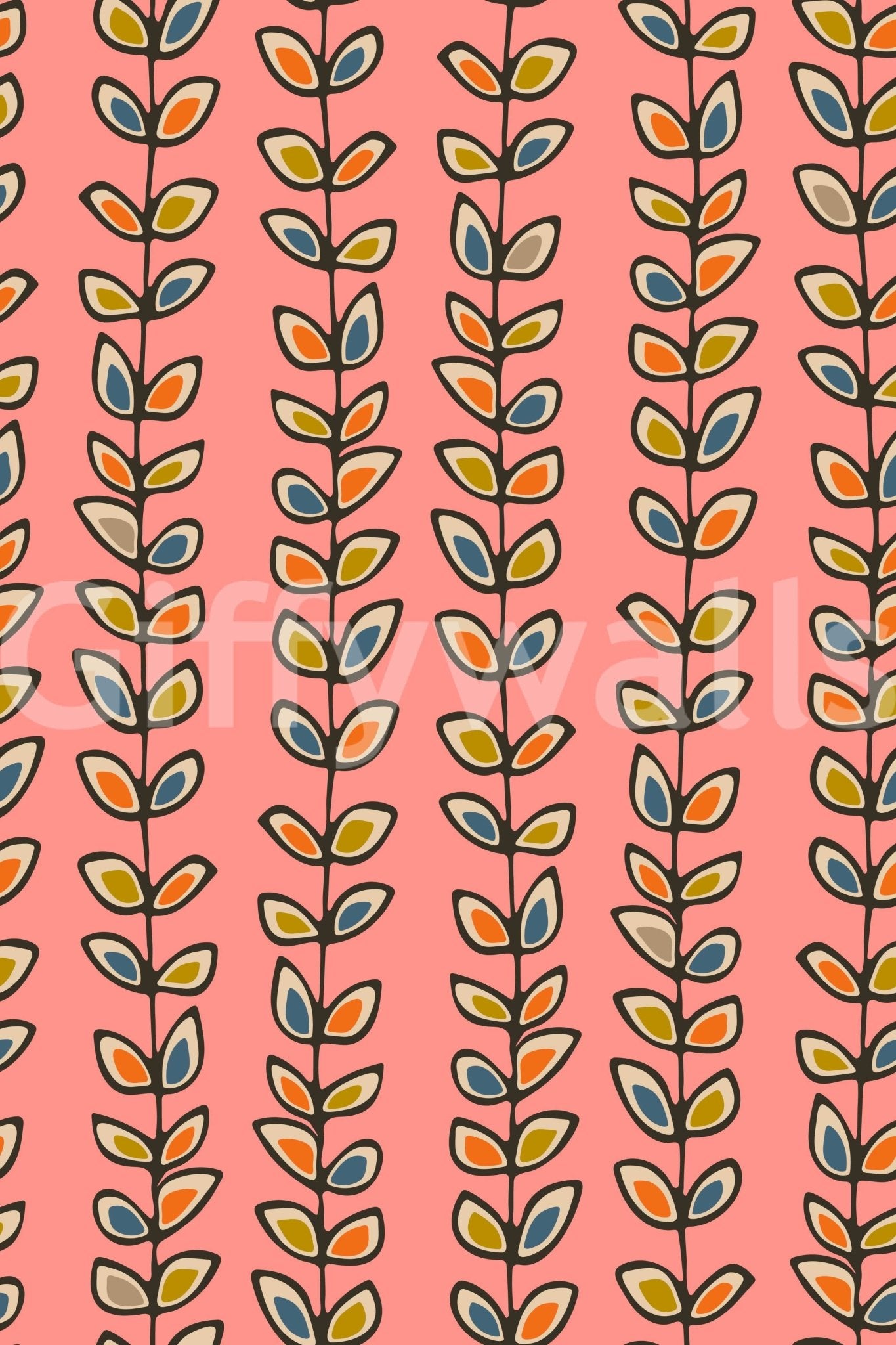 Funky orange and teal leaf pattern, Climbing Vines Stripe Retro Leaves Pink, perfect bedroom wallpaper.
