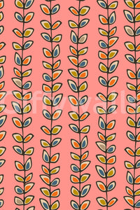 Funky orange and teal leaf pattern, Climbing Vines Stripe Retro Leaves Pink, perfect bedroom wallpaper.