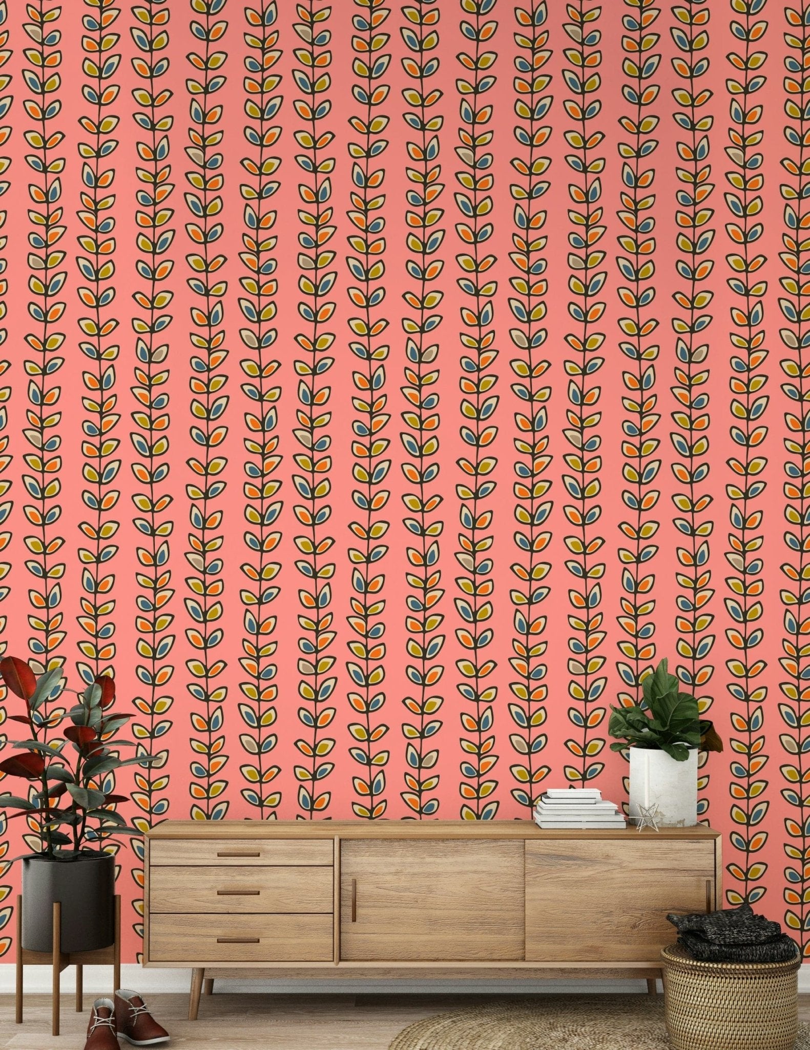 Climbing Vines Stripe Retro Leaves Pink wallpaper, Mid-century aesthetic, stylish vertical leaf pattern.