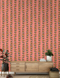 Climbing Vines Stripe Retro Leaves Pink wallpaper, Mid-century aesthetic, stylish vertical leaf pattern.