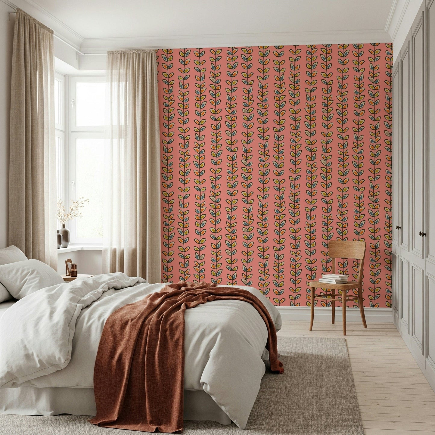 Unique botanical wallpaper for walls, Retro Leaves Pink leaves, lively kitchen or nursery decor.