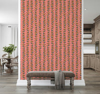 Aesthetic wall paper, Climbing Vines Stripe Retro Leaves Pink design, bold geometric leaf arrangement.