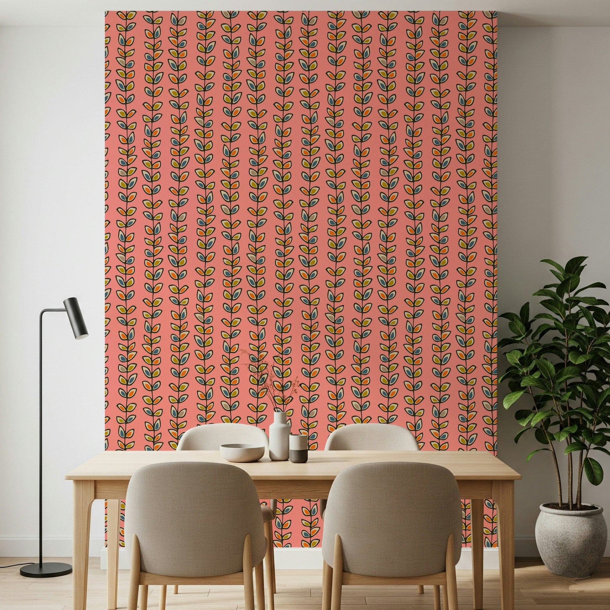 Groovy pink wallpaper with olive, orange, and blue leaves, Climbing Vines Stripe, chic living room upgrade.