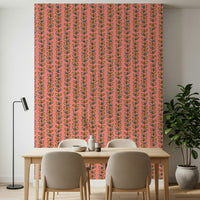 Groovy pink wallpaper with olive, orange, and blue leaves, Climbing Vines Stripe, chic living room upgrade.