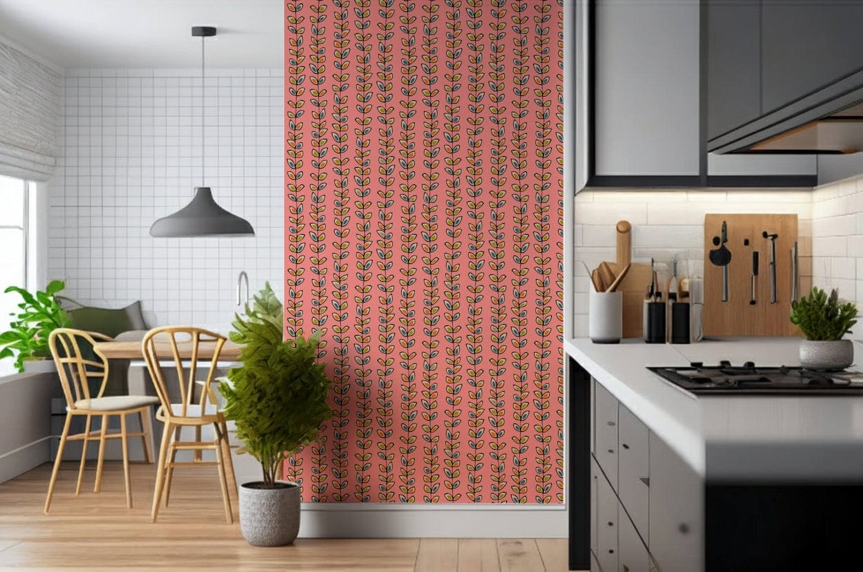 Vintage-inspired leaf stripe wall mural, Climbing Vines Stripe Retro Leaves Pink design, vibrant color palette.