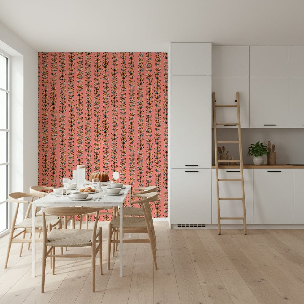 Modernist leaf motif wallpaper for an accent wall, Climbing Vines Stripe Retro Leaves Pink, distinctive artistic print.
