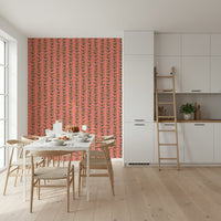 Modernist leaf motif wallpaper for an accent wall, Climbing Vines Stripe Retro Leaves Pink, distinctive artistic print.