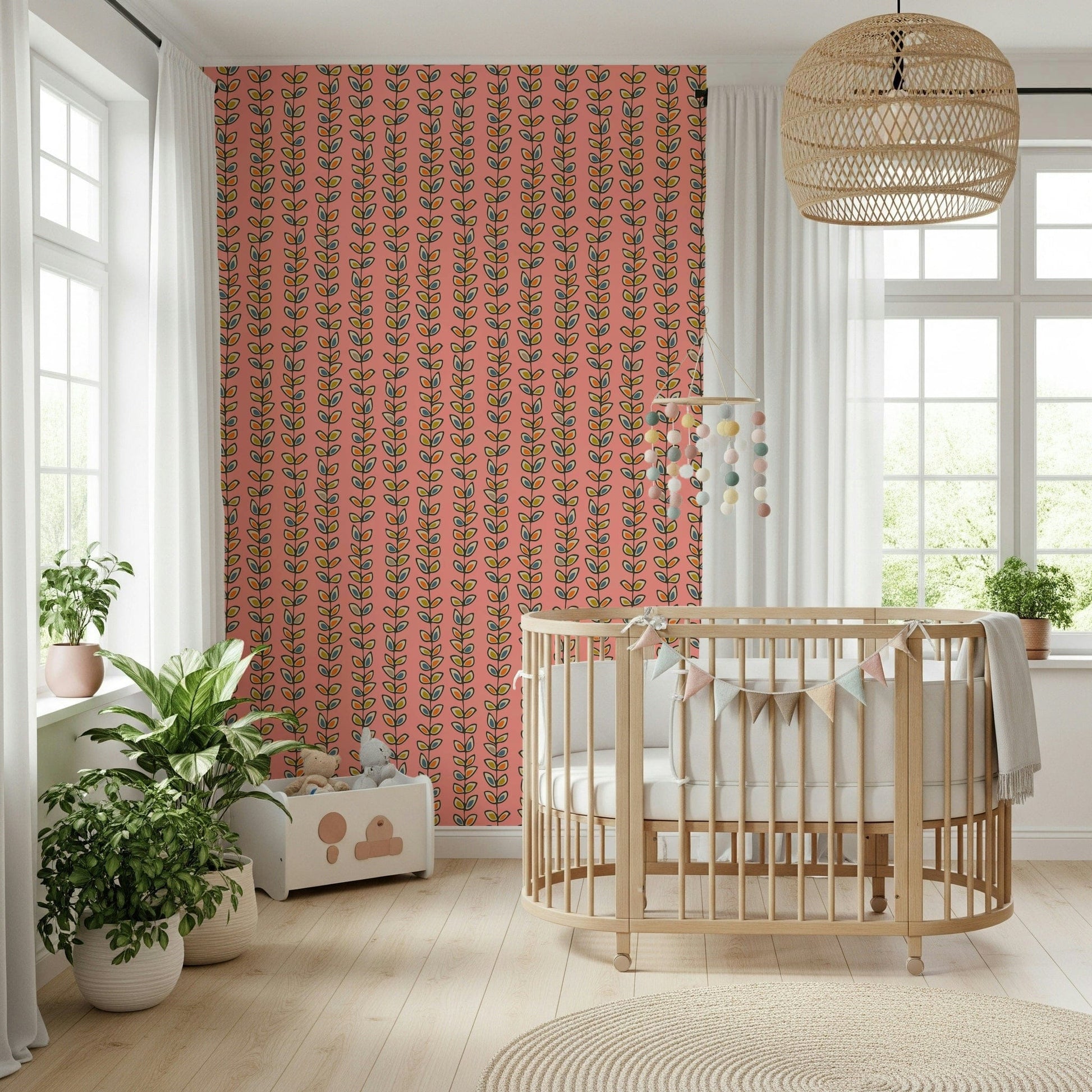 Climbing Vines Stripe Retro Leaves Pink removable wallpaper, charming retro 70s style, sweet vertical imagery.