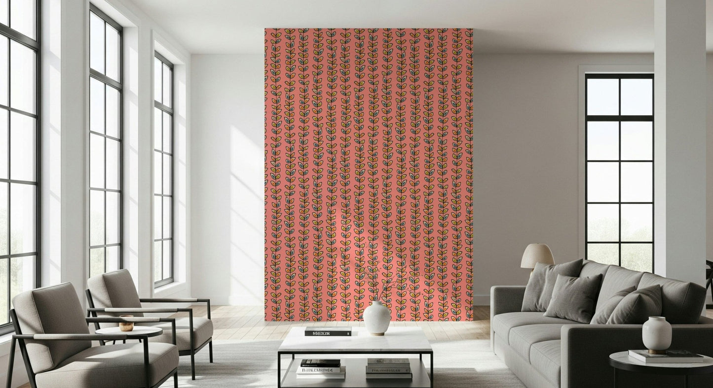 Peel and stick wall covering with retro foliage, Retro Leaves Pink product name, cheerful home decor.