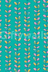 Retro Leaves Turquoise patterned mural, beautiful leaf geometry, stylish room accent.