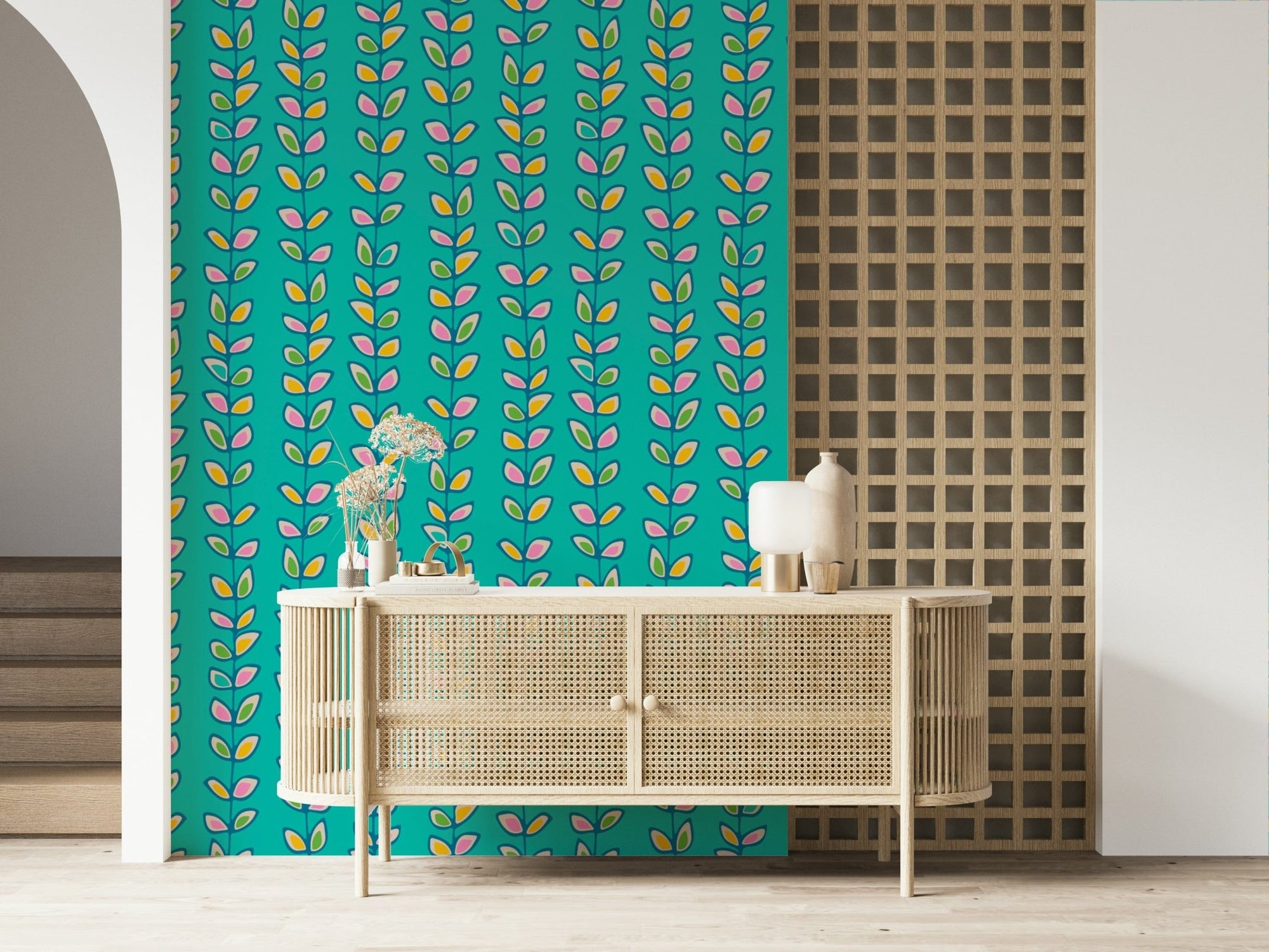 Retro Leaves Turquoise wall mural, playful winding stems, colorful pink and yellow foliage., GD6681