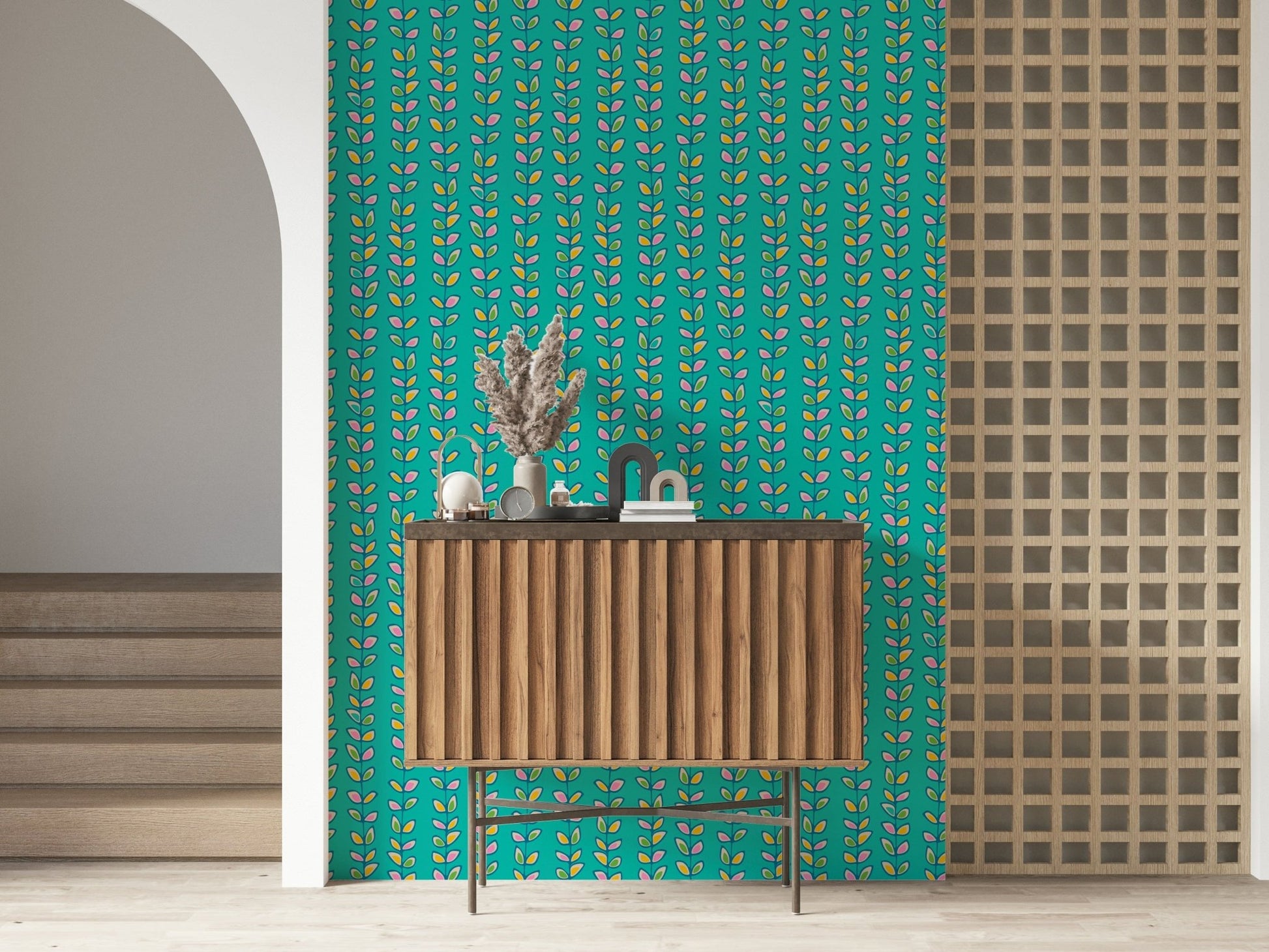 Retro Leaves Turquoise wallpaper, elegant upright botanical motif, stunning wall art.