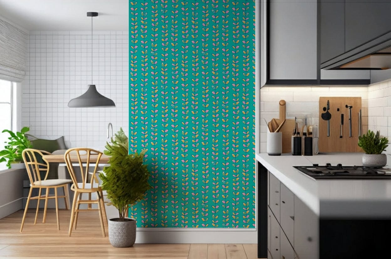Stylish Climbing Vines Stripe pattern, easy installation wallpaper, cheerful kitchen accent.