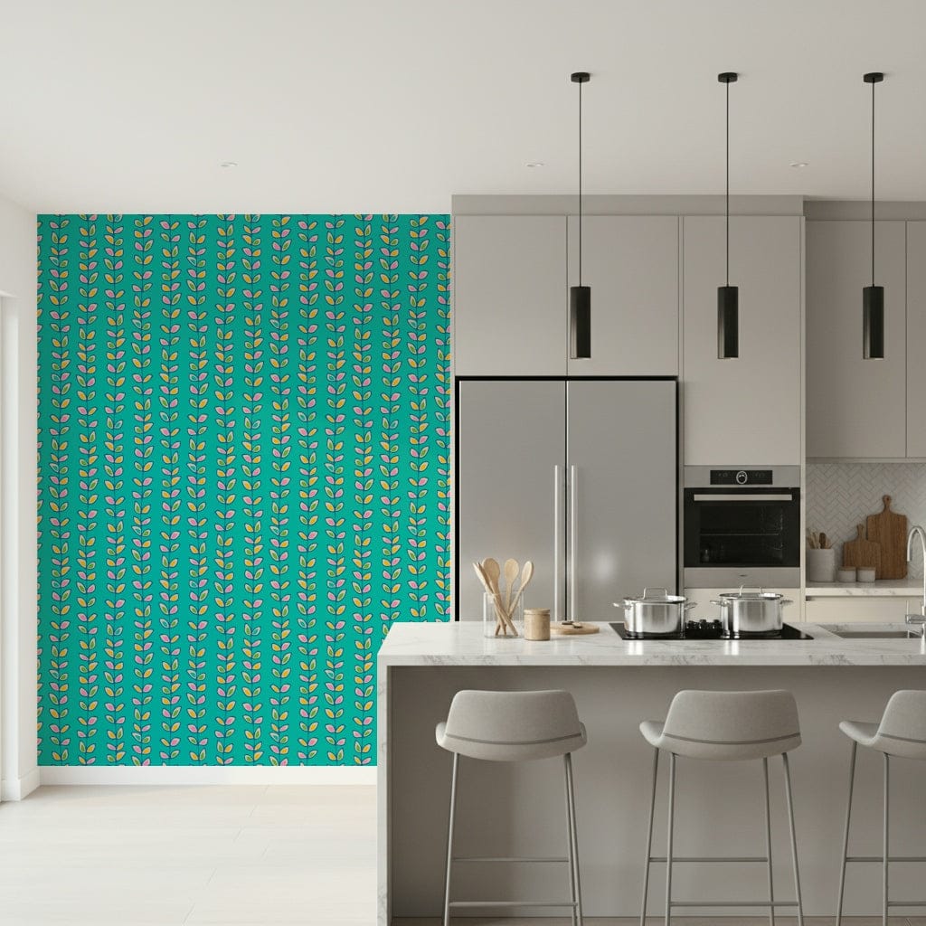 Peel and stick Retro Leaves Turquoise wall covering, stylized graphic leaf pattern, artistic.