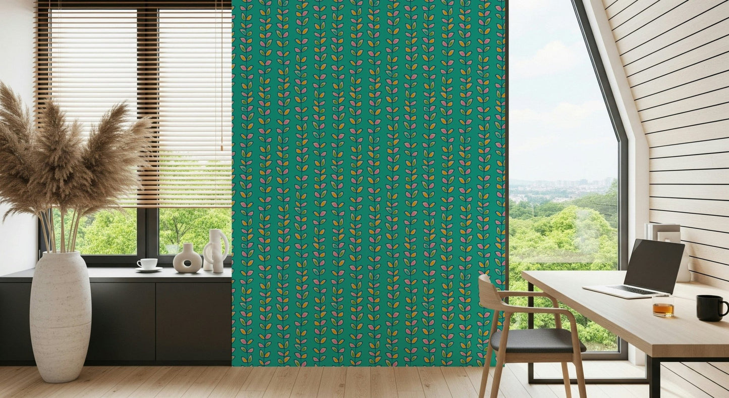 Vibrant Retro Leaves Turquoise mural, repeating stripe vines, lively color palette.