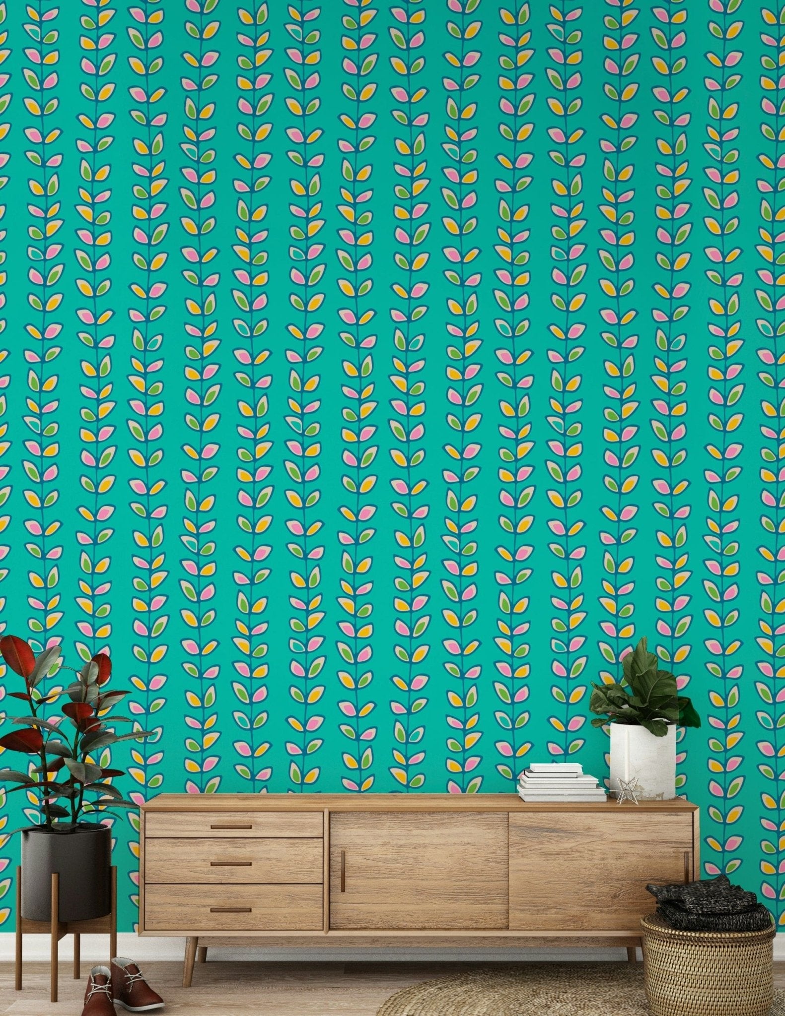 Bright Retro Leaves Turquoise statement wall mural, winding plant design, decorative paper.