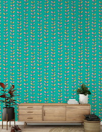 Bright Retro Leaves Turquoise statement wall mural, winding plant design, decorative paper.