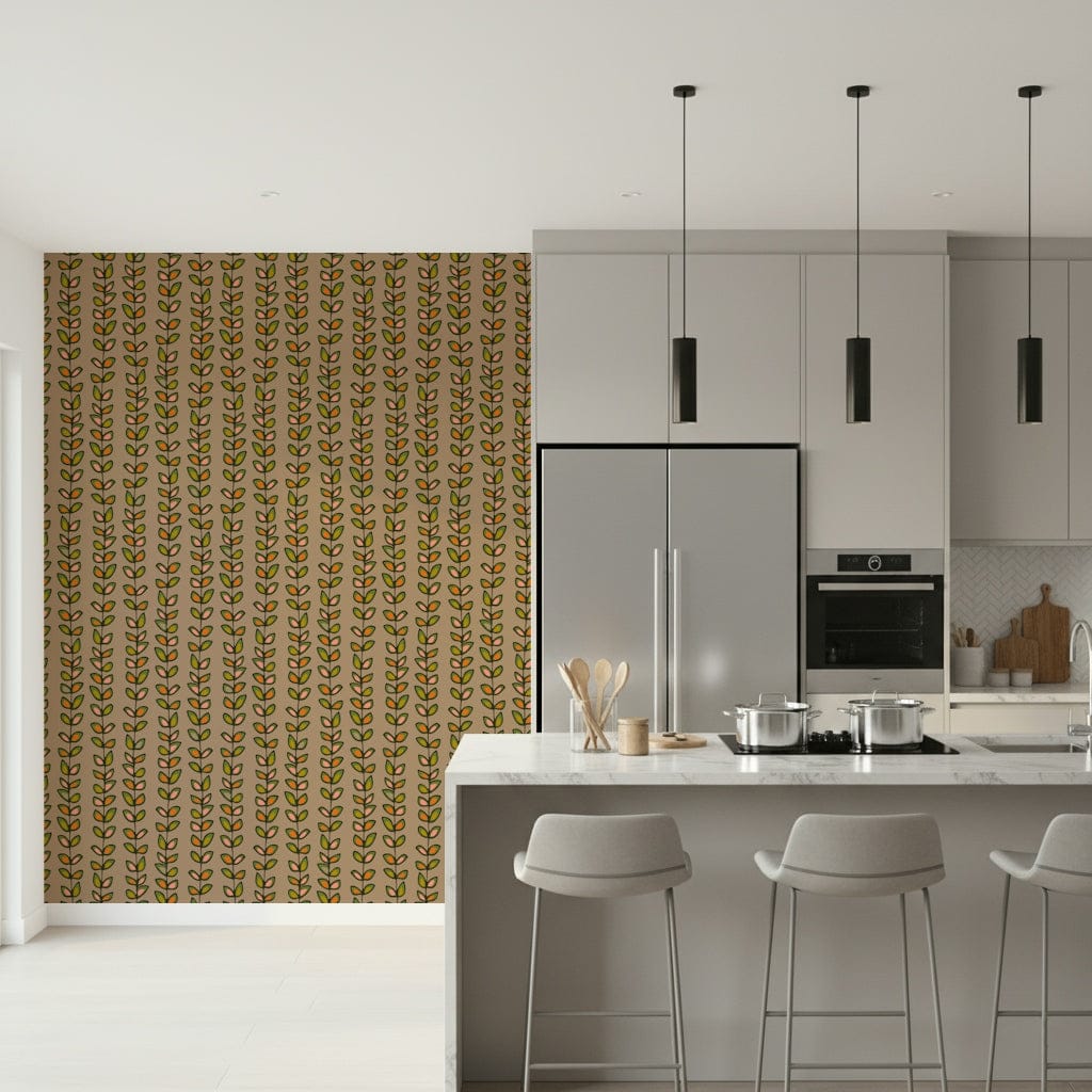 Warm Beige backdrop with peel and stick foliage, mid-century vibe wallpaper