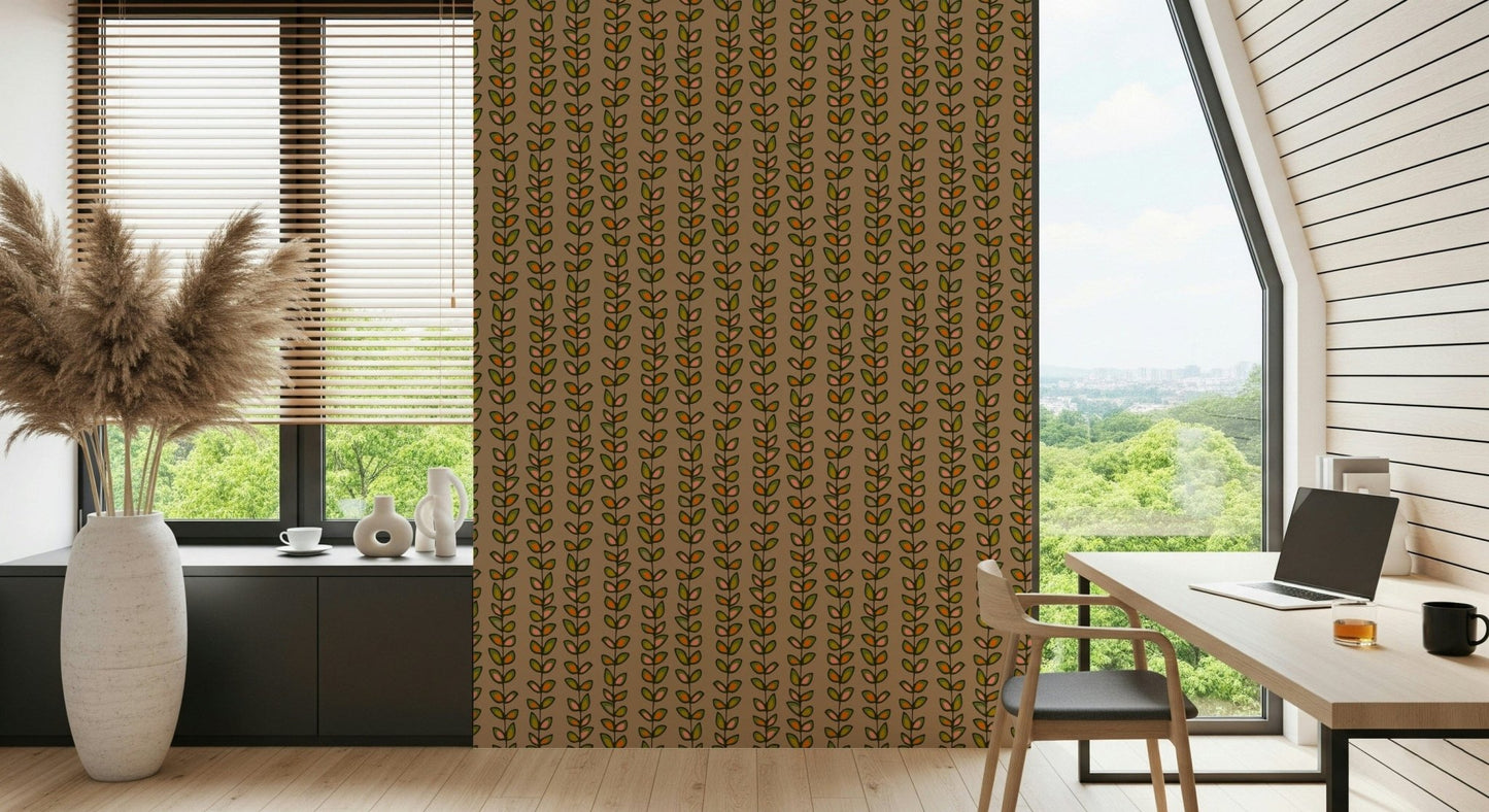 Wall mural of retro leaves, Climbing Vines Stripe design, earthy tones.