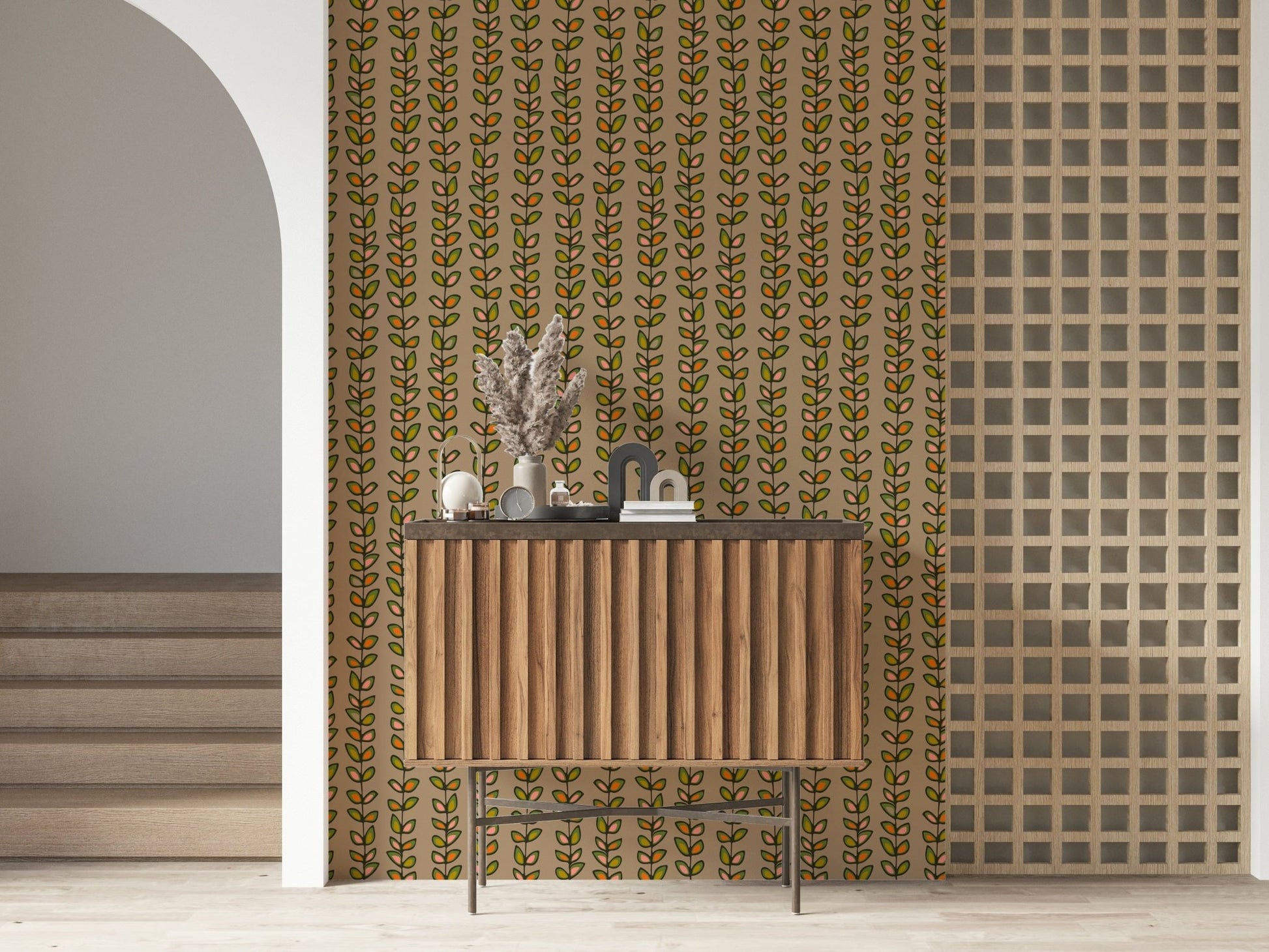 Modern take on vintage leaves, Climbing Vines Stripe accent wallpaper.