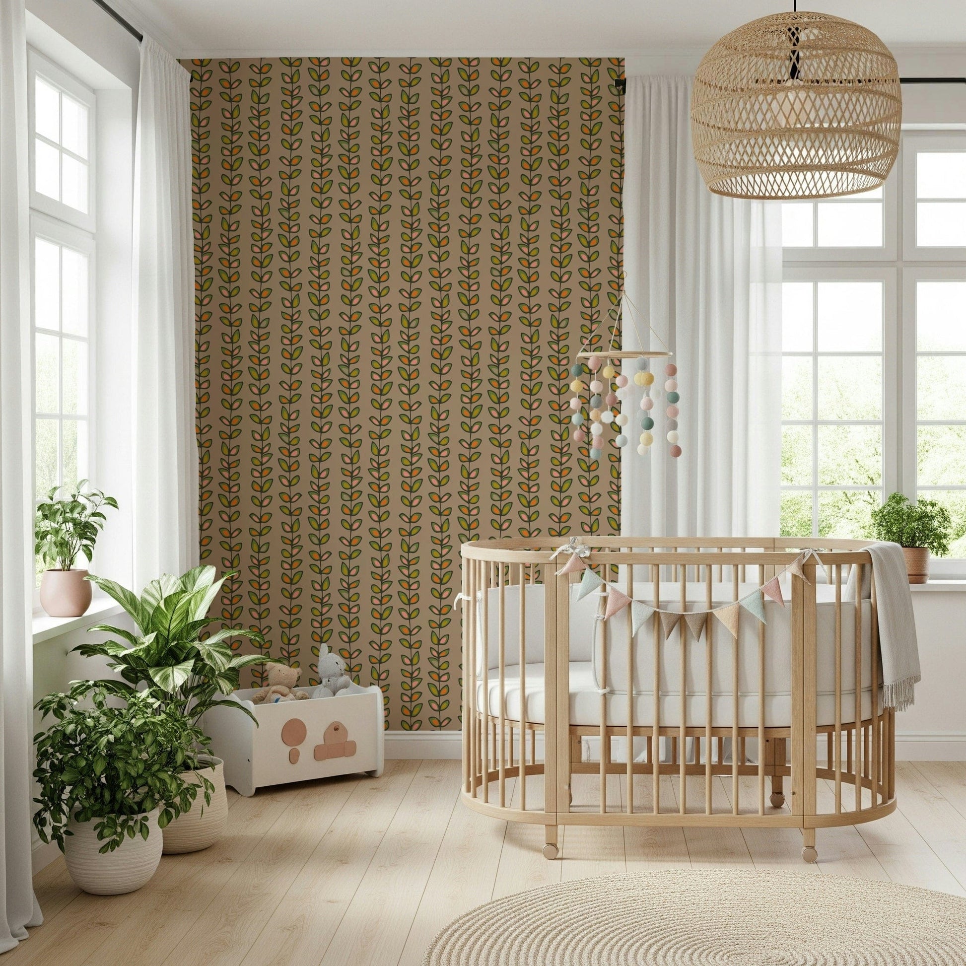 Home decor wallpaper Warm Beige Climbing Vines Stripe for rooms.