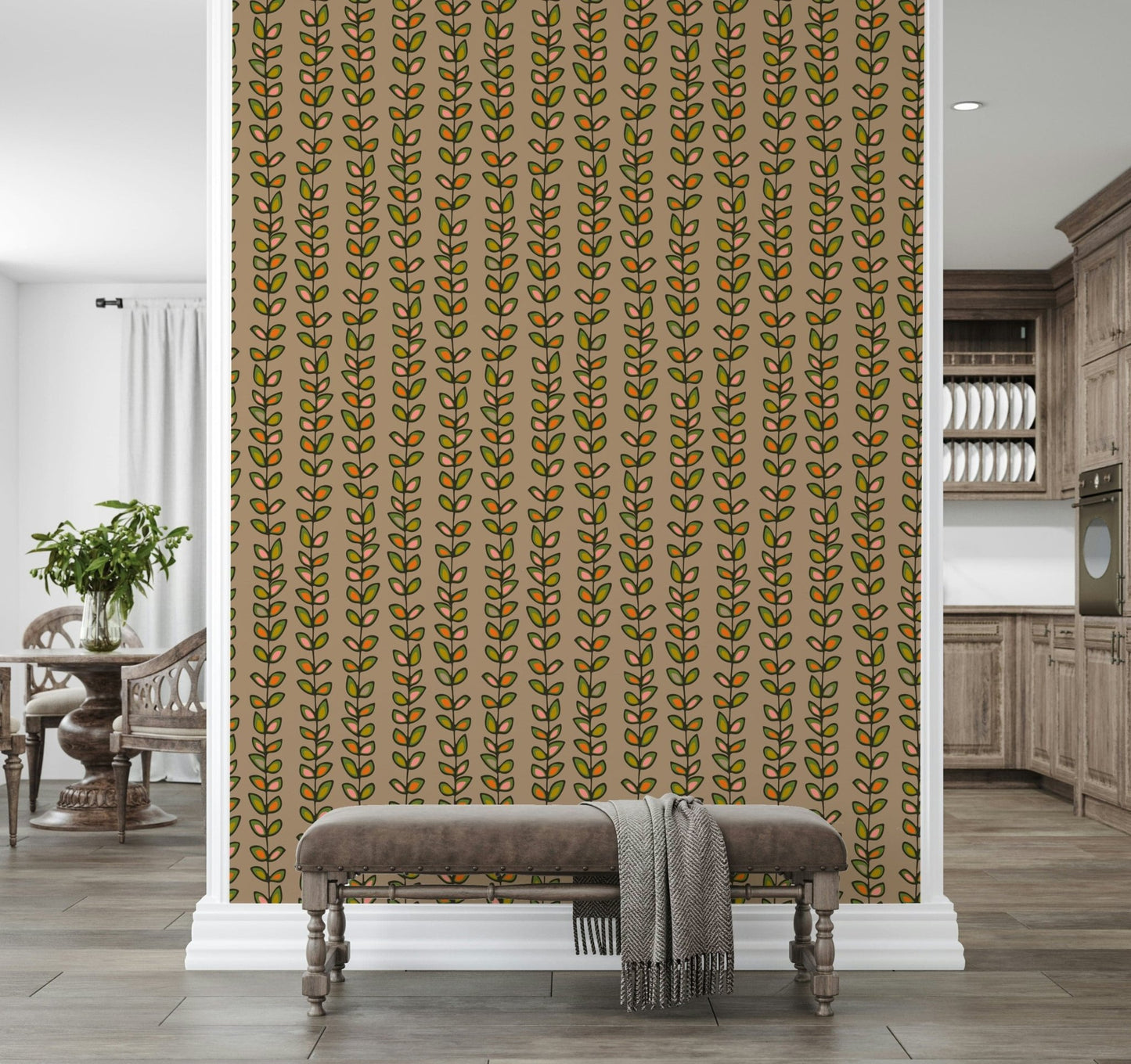 Artistic design featuring vertical vines, Warm Beige background wall covering.