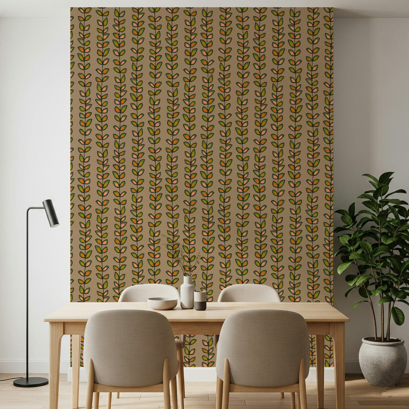 Climbing Vines Stripe Retro Leaves Warm Beige wallpaper for vintage style.