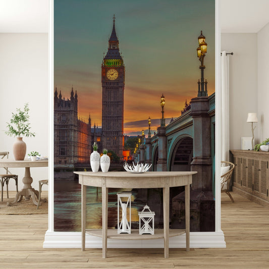 Clock tower wallpaper featuring vintage stonework in a dining area.