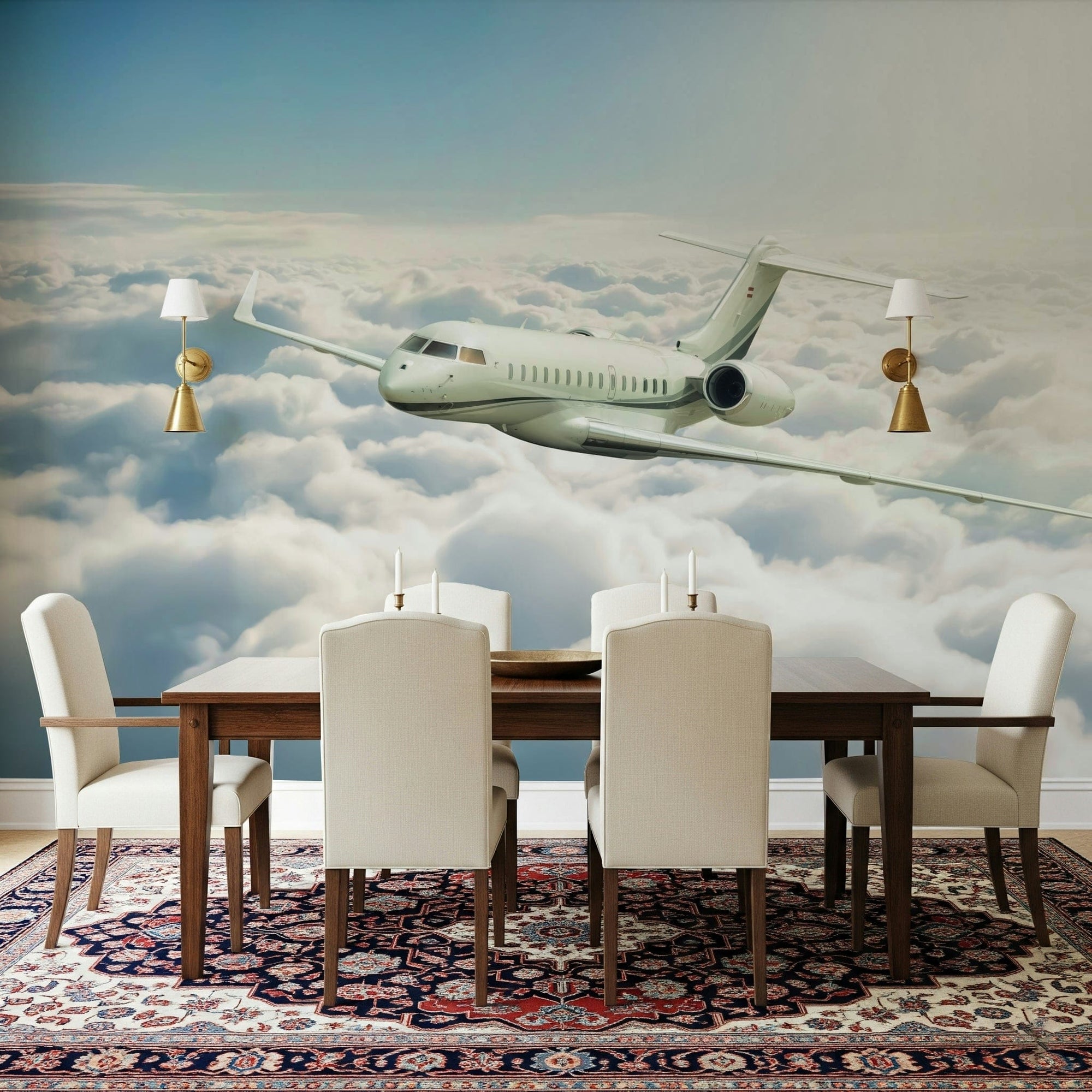 Cloud Cruiser Wall Mural brings an open sky backdrop to this formal dining room, GD7922