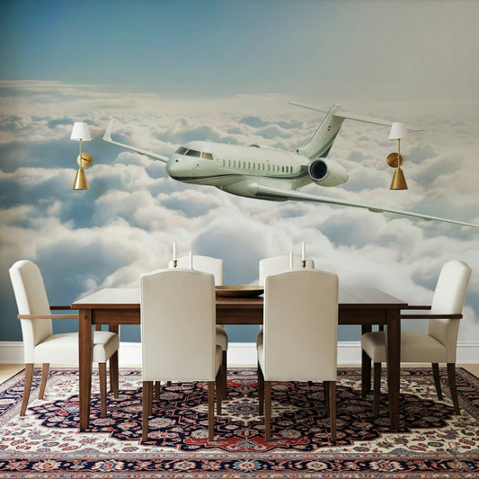 Cloud Cruiser Wall Mural brings an open sky backdrop to this formal dining room