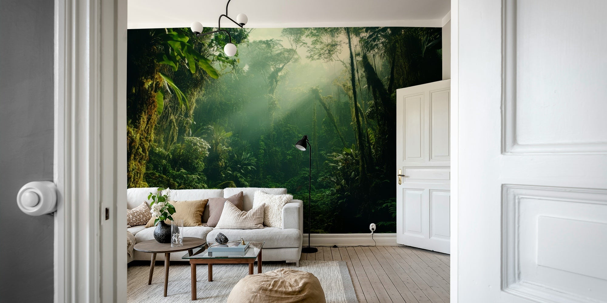 A beautiful misty cloud forest wallpaper mural for a modern room., GD5112