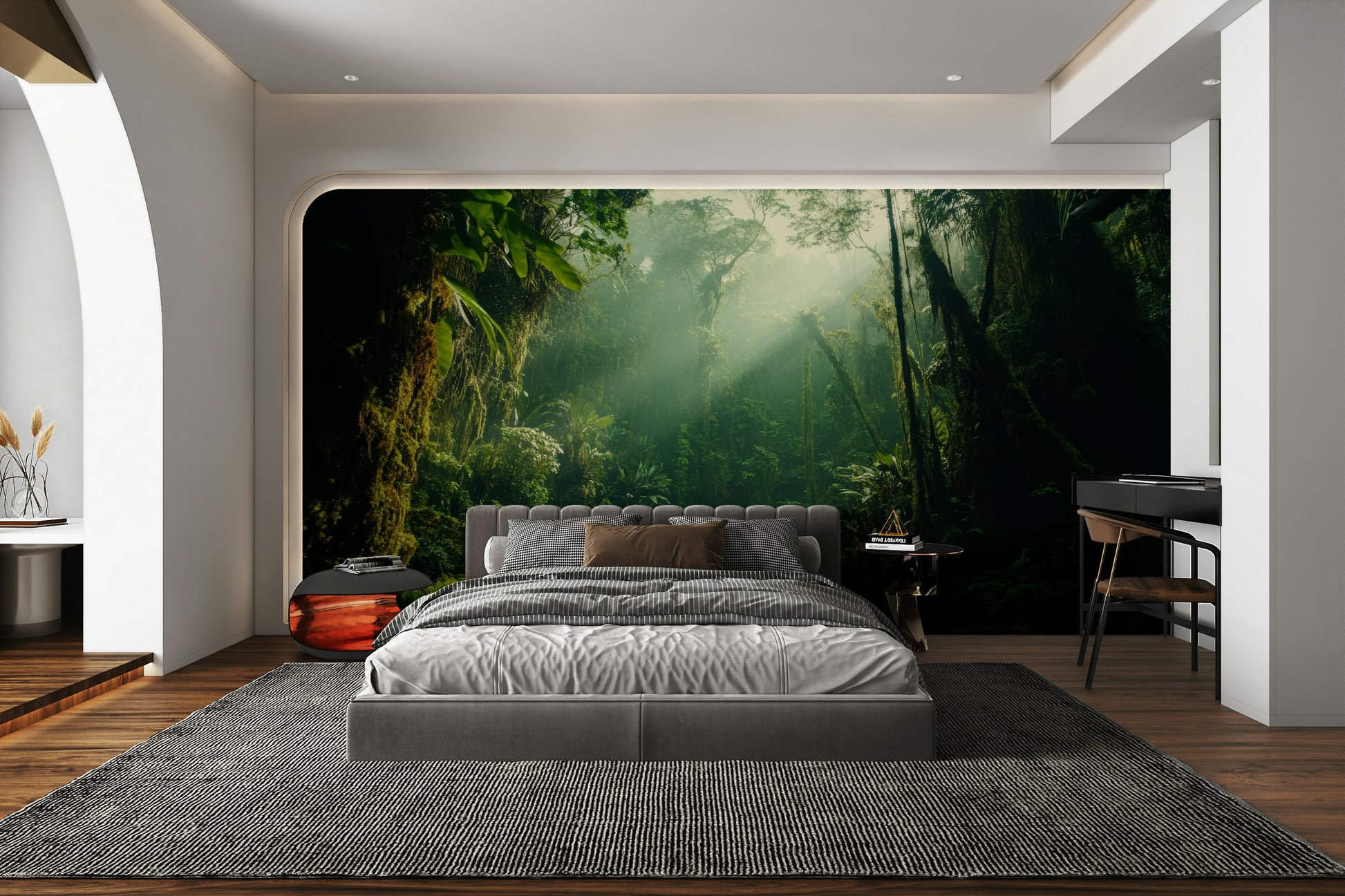 A peaceful woodland vista mural on decorative wallpaper.

