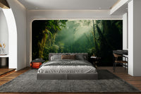 A peaceful woodland vista mural on decorative wallpaper.

