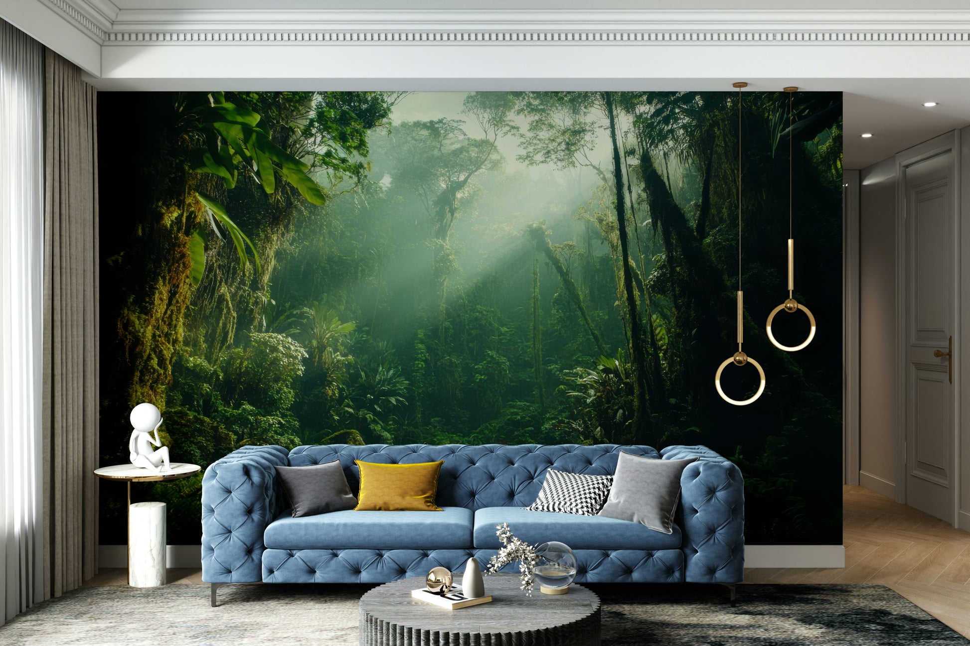 A graceful subtle tree wall mural in cool, green tones.

