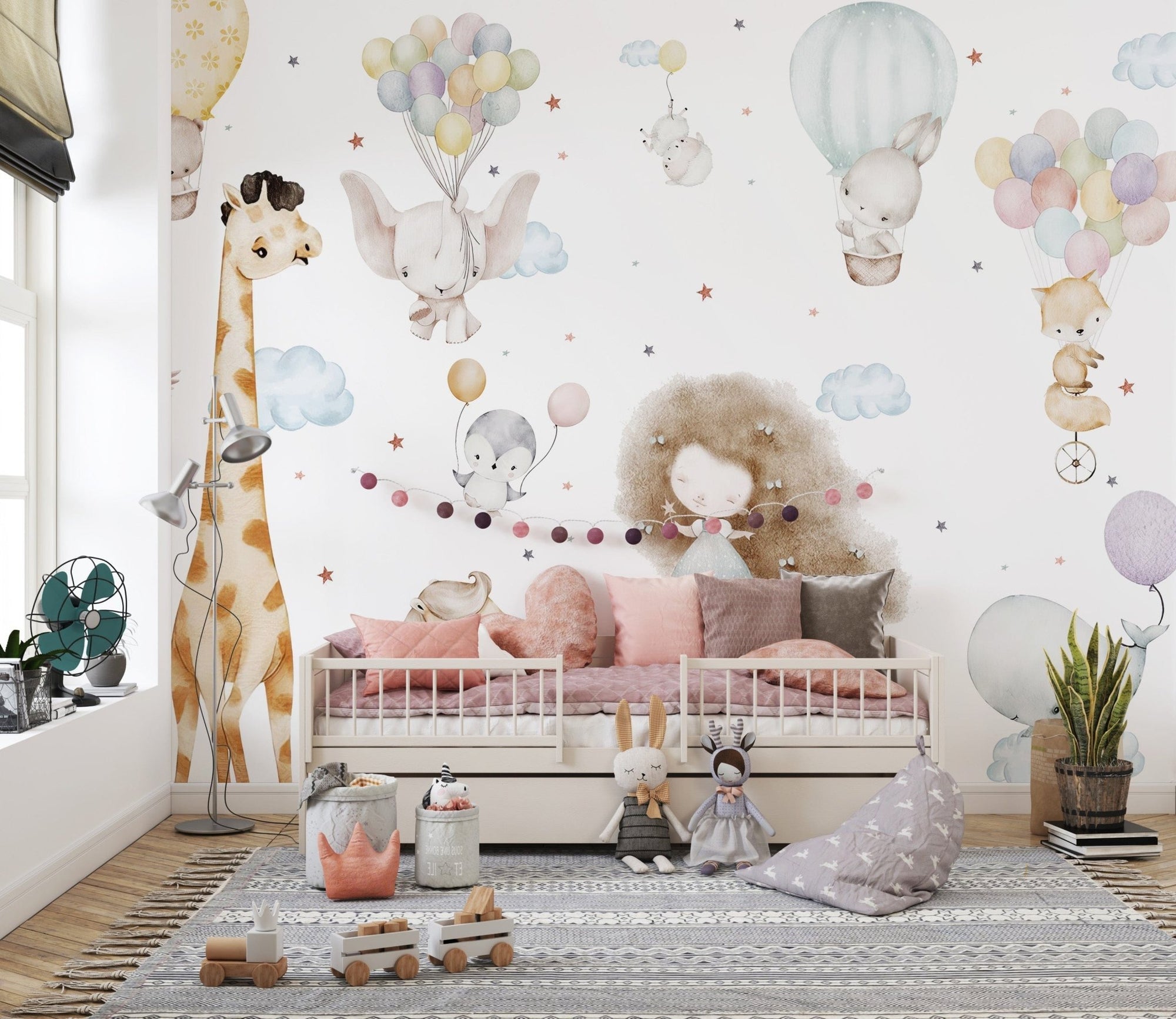 Whimsical cloud wallpaper with playful characters mural art. B876
