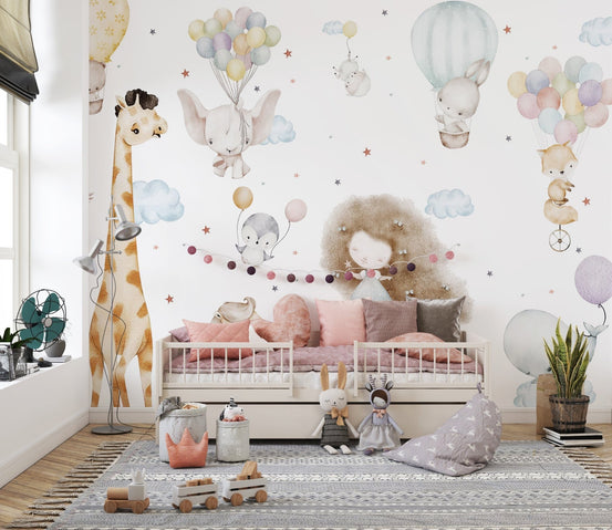 Whimsical cloud wallpaper with playful characters mural art. B876
