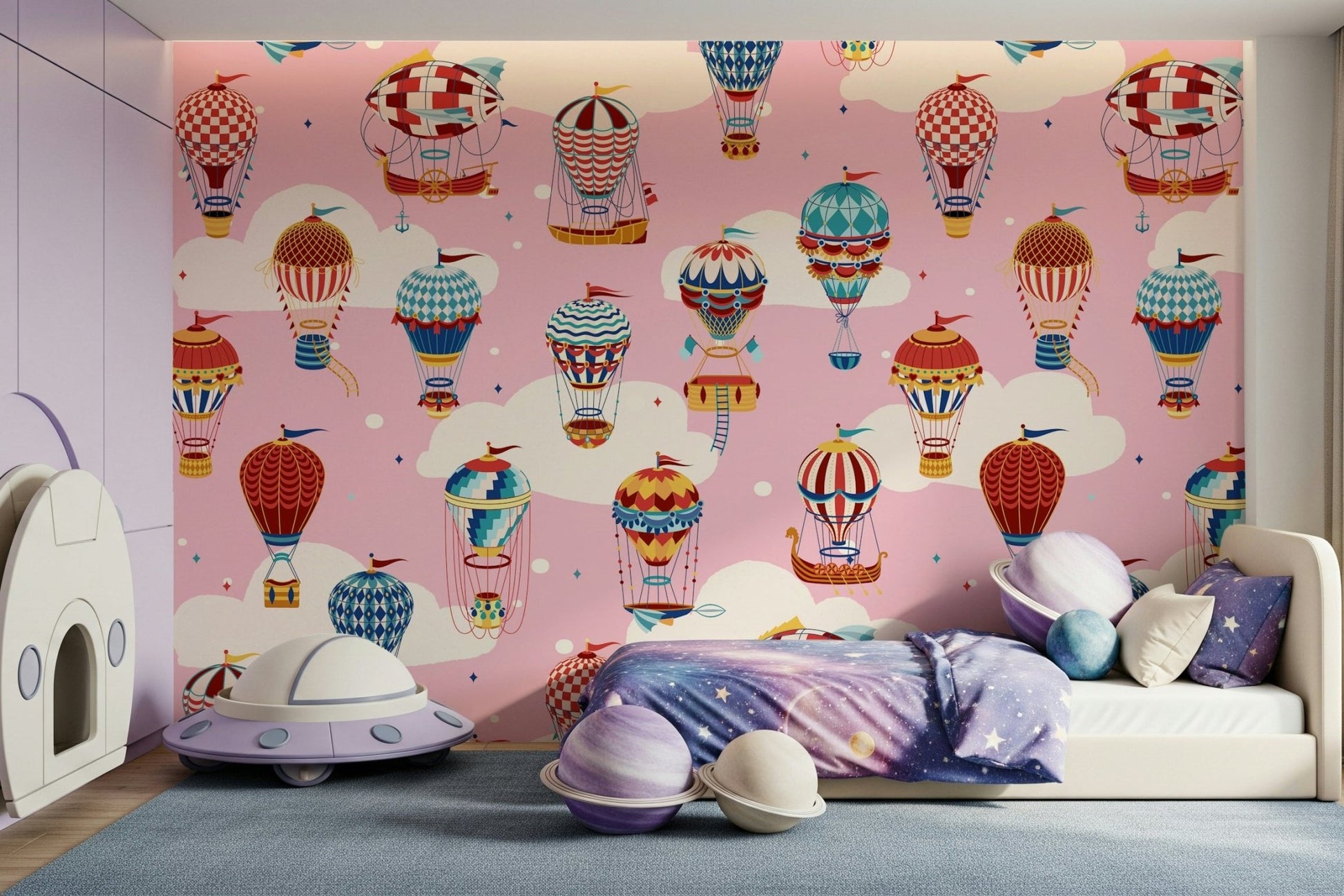 A serene hot air balloon wall mural in a dreamy sky.