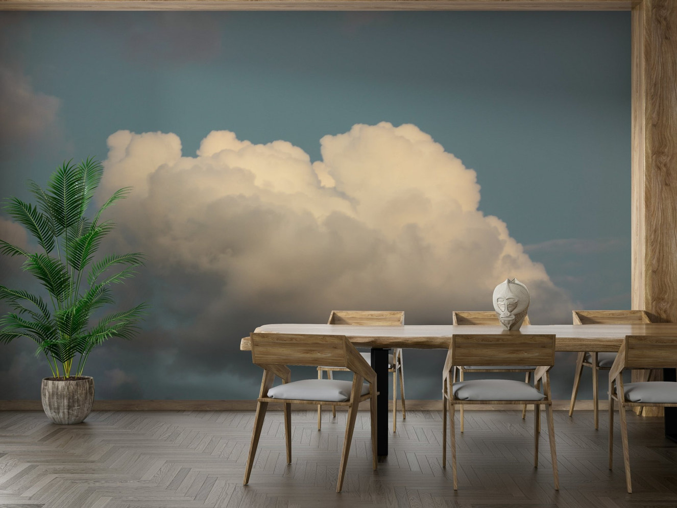 A beautiful serene sky wallpaper mural with soft clouds.

