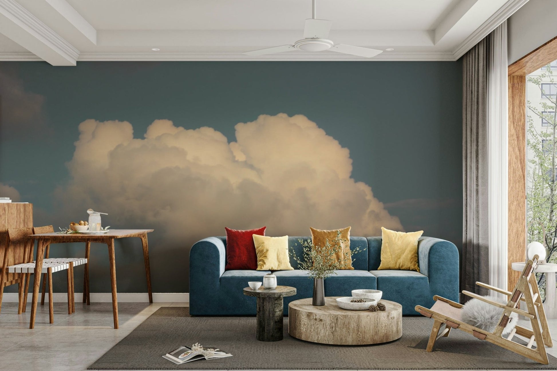 A peaceful open sky mural on decorative wallpaper.

