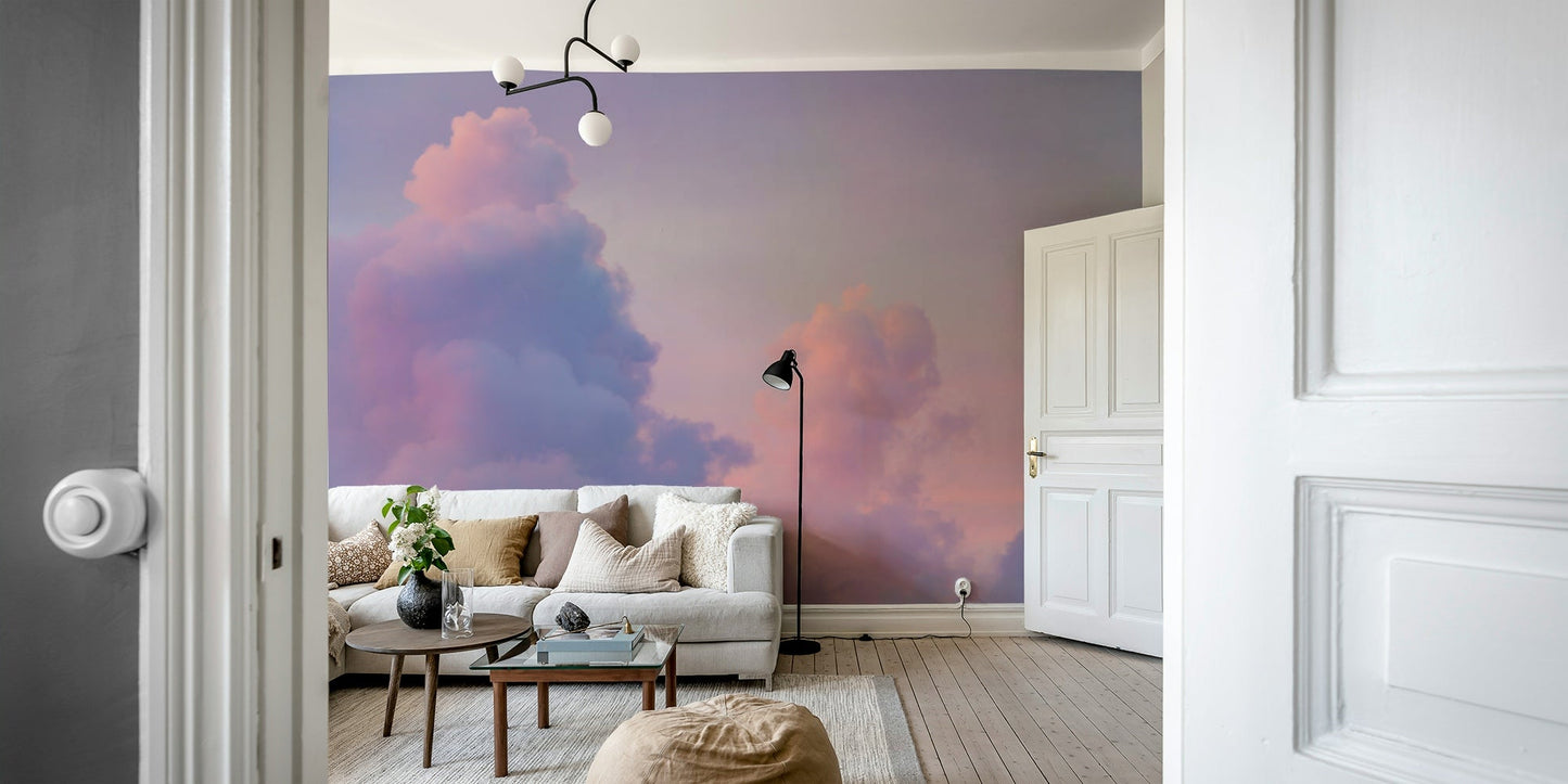 A dreamy pink and purple cloud wall mural for a serene room.


