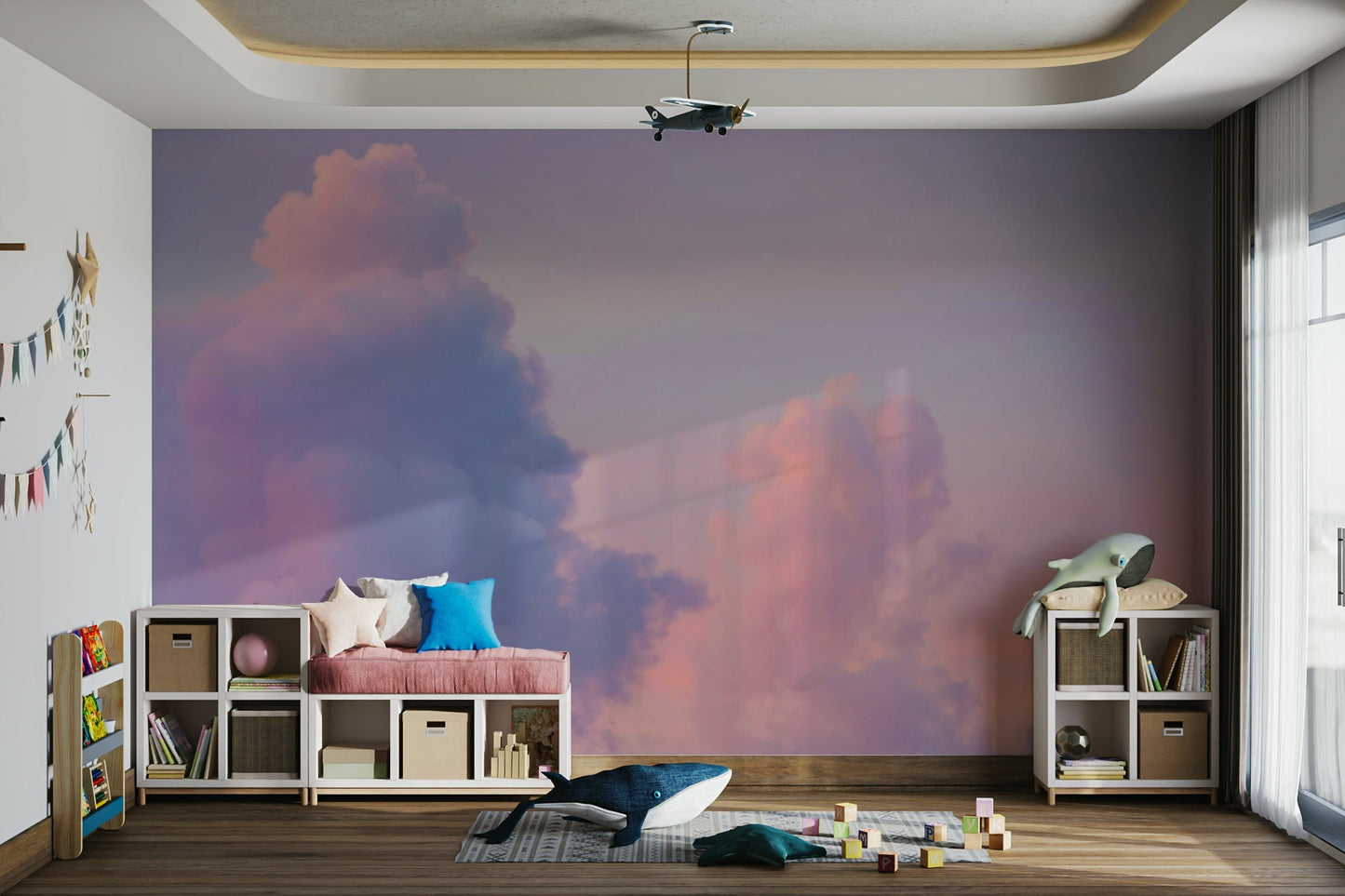 A tranquil sunset cloud mural on decorative wallpaper.

