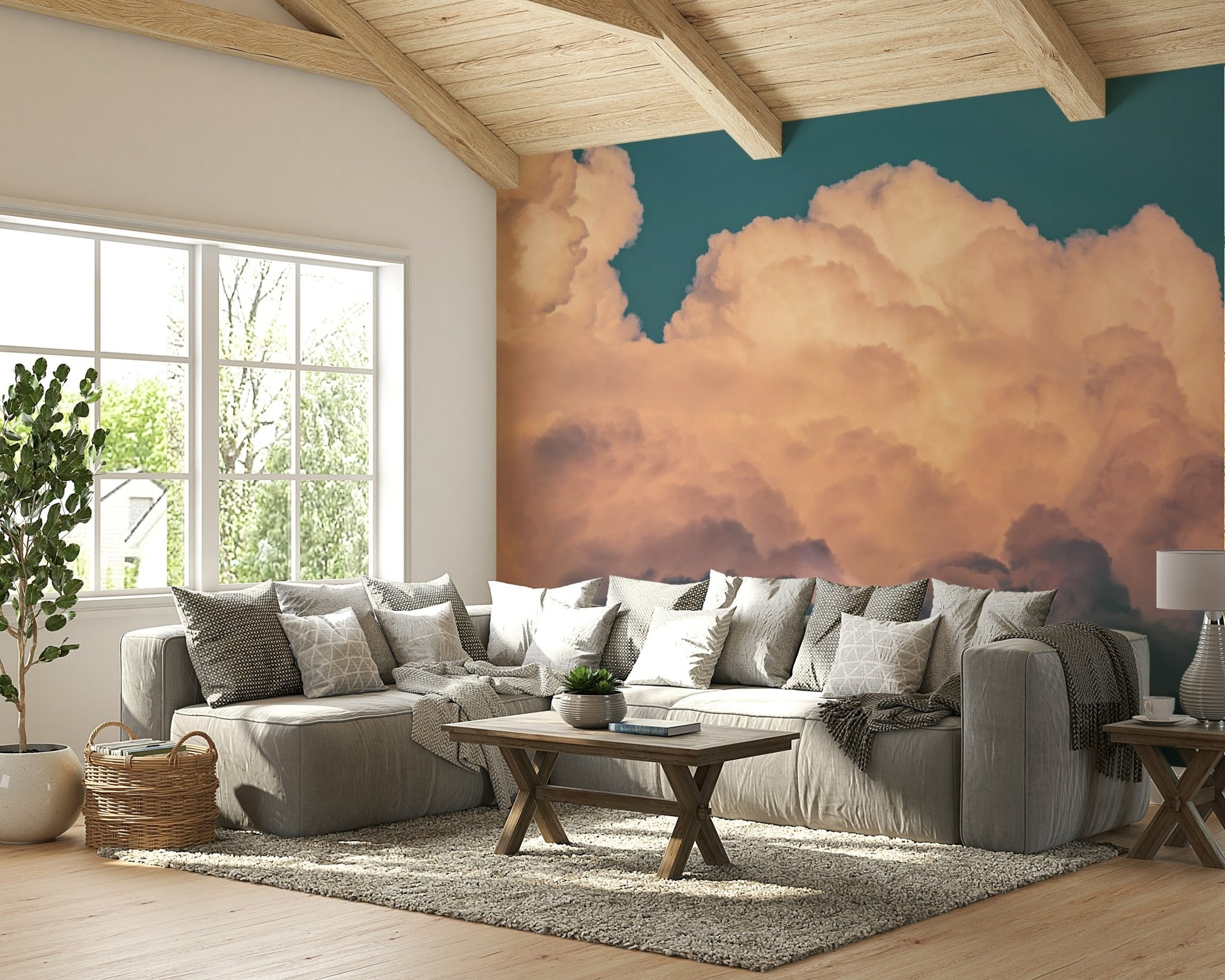 A calming serene sky wallpaper mural that defines a space.

