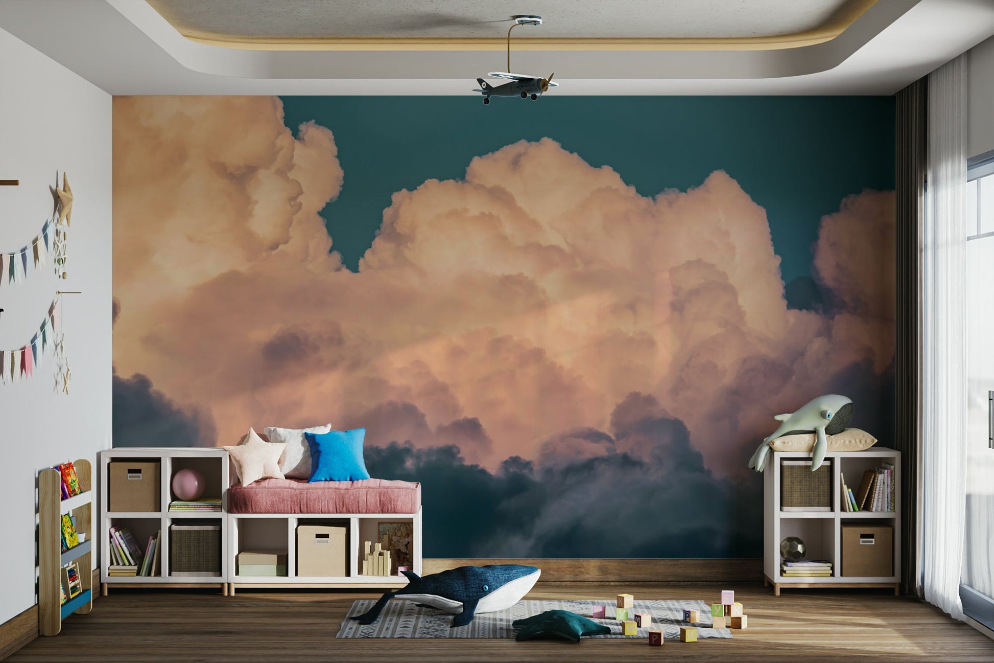 A beautiful serene sky wallpaper mural with soft clouds.

