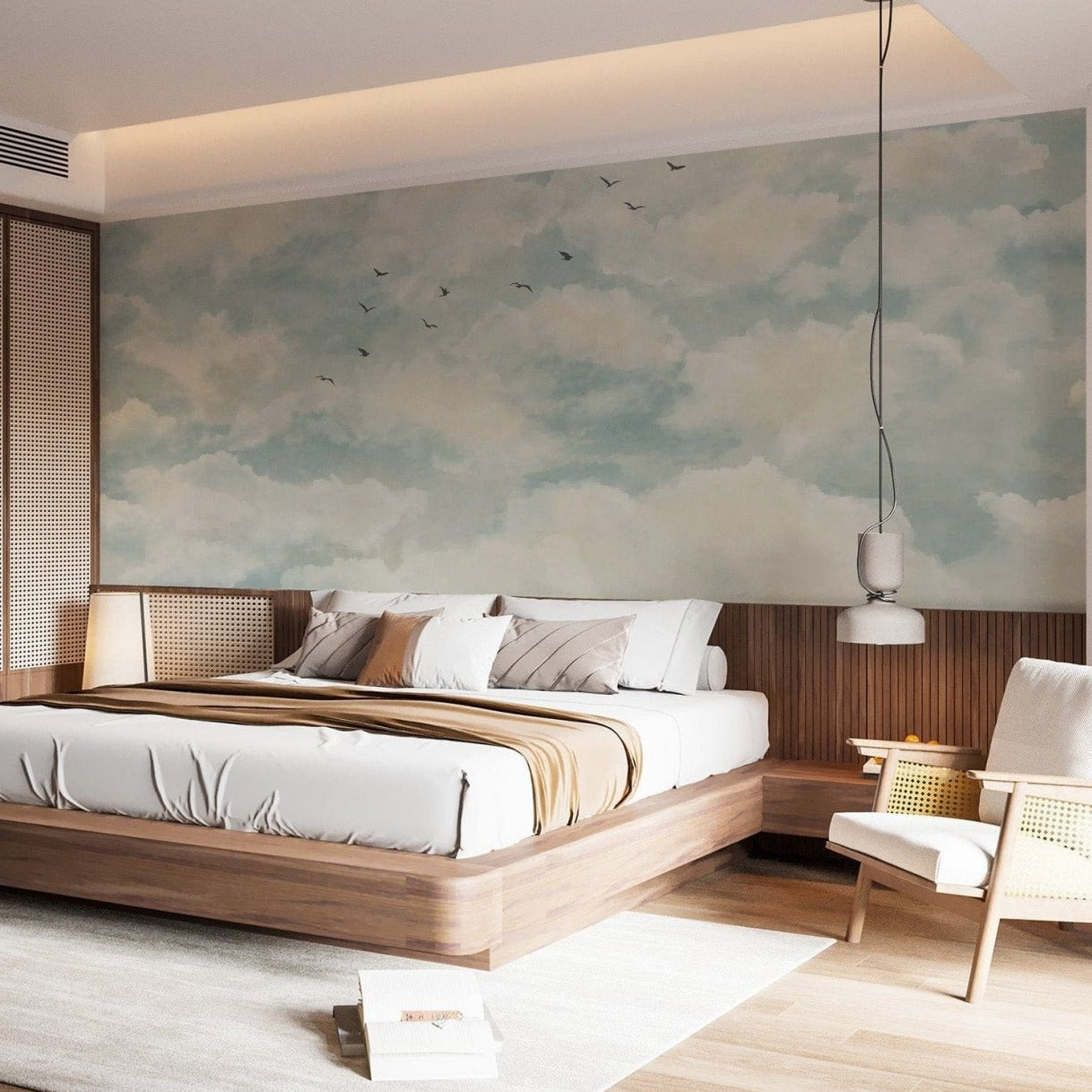 Sky-high birds among soft clouds mural C535
